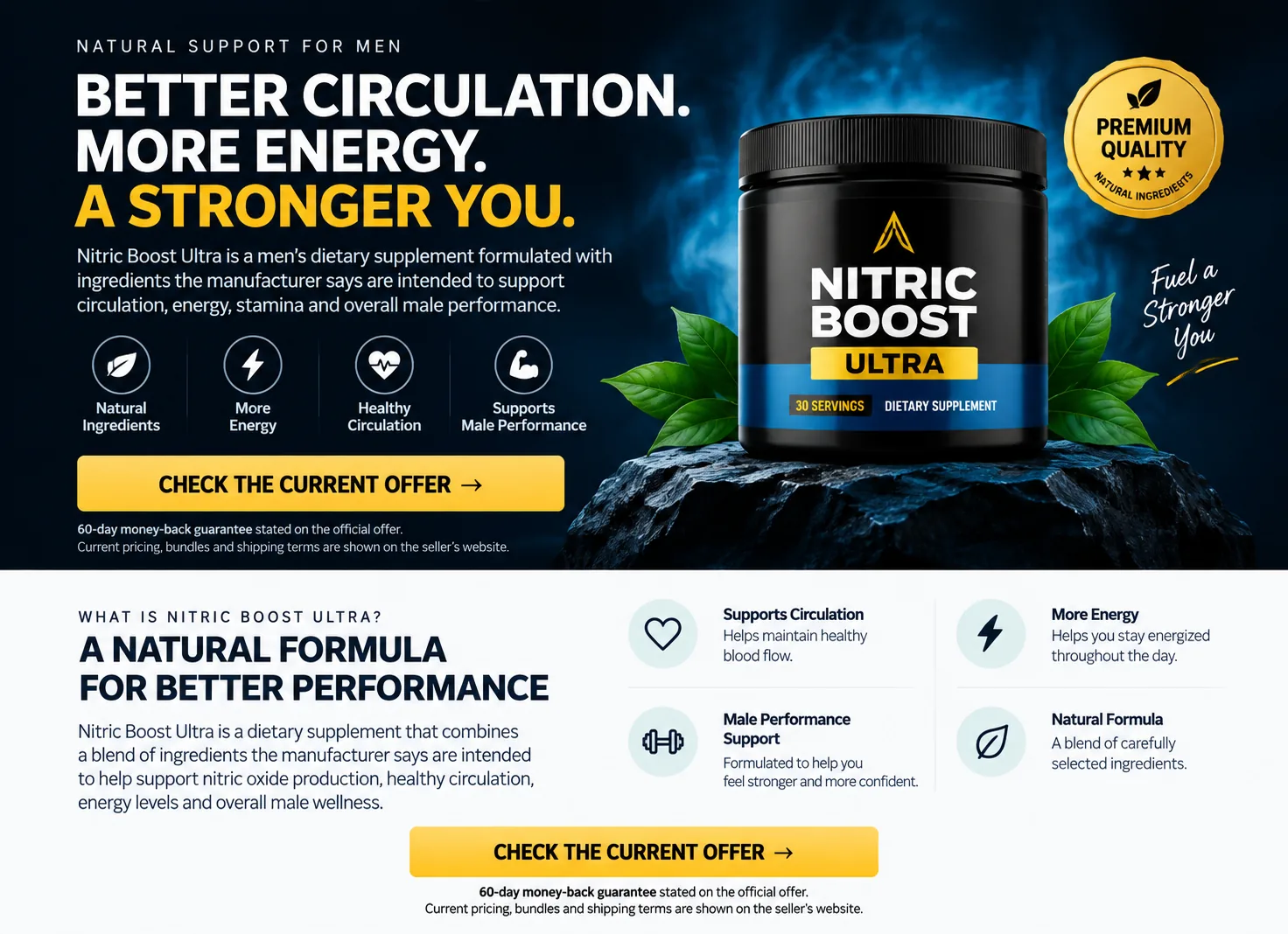 Nitric Boost Ultra independent product overview with circulation, energy, male performance and formula highlights.